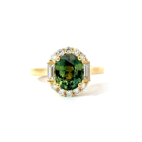 Green Sapphire and Diamond Halo Ring